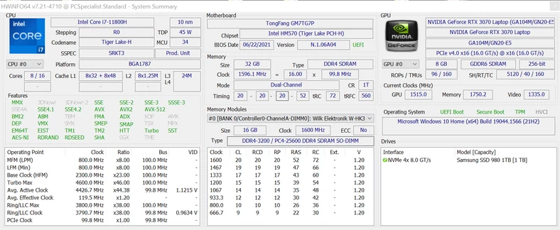 Hyperbook Pulsar V17 – HWiNFO64 – podstawowa specyfikacja laptopa