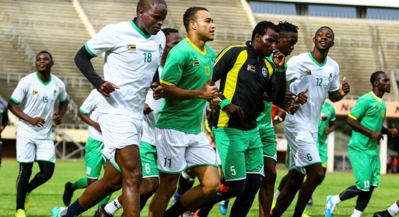 Zimbabwe's national football team ('The Warriors') players attend a training session at the National Sports Stadium in Harare, on January 6, 2017, ahead of the upcoming 2017 Africa Cup of Nations in Gabon