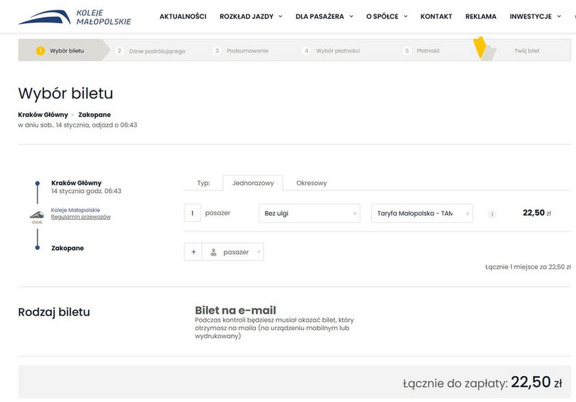 Bilet normalny na pociąg Luxtorpeda kosztuje 22,50 zł