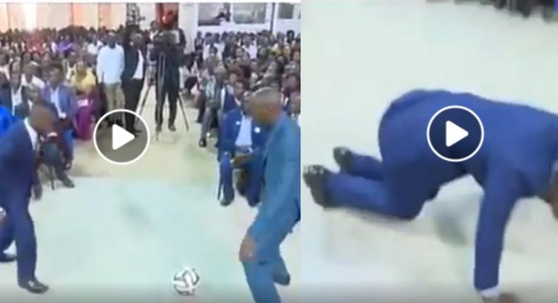 Video of a pastor using football to kick out demons from church members will leave you in stitches