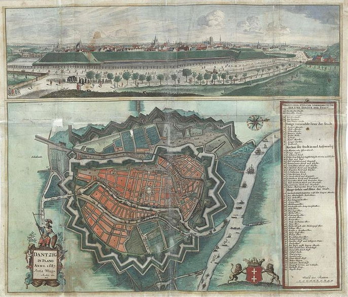 Gdańsk w XVII wieku otoczony pierścieniem nowożytnych fortyfikacji miejskich, 1687 r., domena publiczna