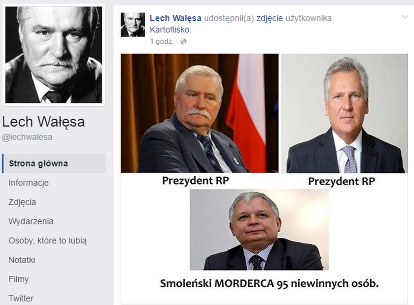Szokujący wpis o Lechu Kaczyńskim na profilu Wałęsy