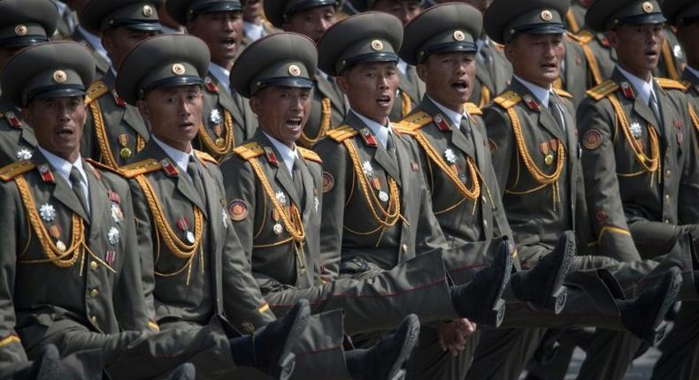 Ggoose-stepping soldiers pour into Kim Il-Sung Square, in Pyongyang on April 15, 2017