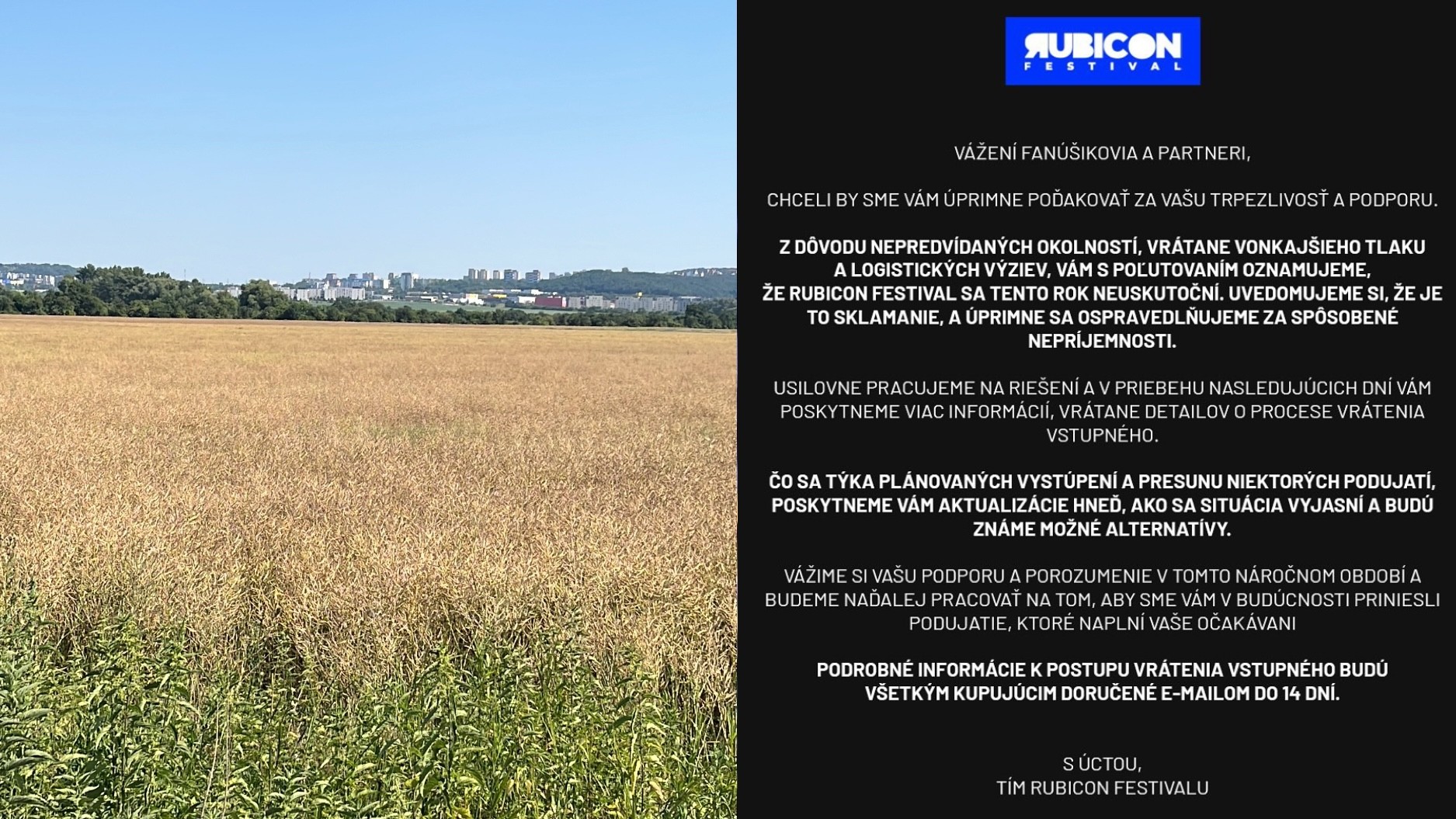 Oznámenie o zrušení tohtoročného festivalu Rubicon