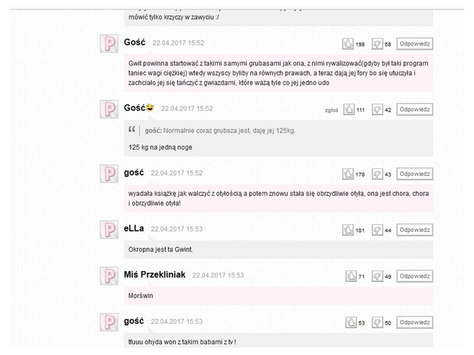 Komentarze pod arykułem o występie Domniki Gwit w 'TzG'