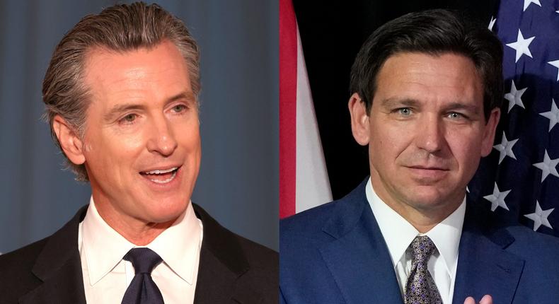 Democratic Gov. Gavin Newsom of California criticized the policies of Republican Gov. Ron DeSantis of Florida, in an interview with Insider.Justin Sullivan/Getty Images and Wilfredo Lee/AP Photo