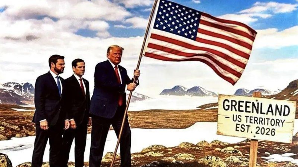 Donald Tramp, u društvu američkog potpredsednik Džej Di Vensa i državnog sekretara Marka Rubija, zabija zastavu Amerike na tlo Grenlanda - pored je tabla na kojoj piše Grenland - američka teritorija od 2026. (montirana fotografija) | Foto: Truth Social/ Donald Trump