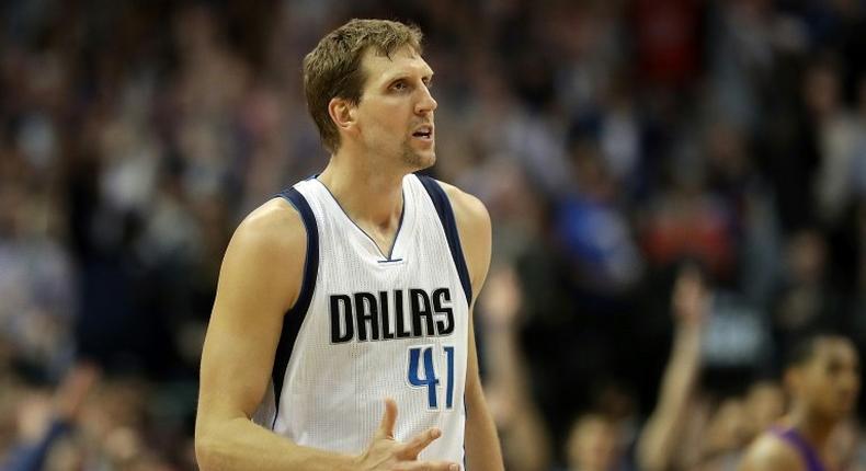 Dirk Nowitzki #41 of the Dallas Mavericks celebrates after scoring his 30,003 career point in the second quarter against the Los Angeles Lakers at American Airlines Center on March 7, 2017 in Dallas, Texas