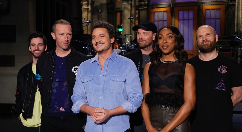 Pedro Pascal, members of the band Coldplay, and Ego Nwodim doing promos for Saturday Night Live on February 3, 2023.Rosalind OConnor/NBC via Getty Images