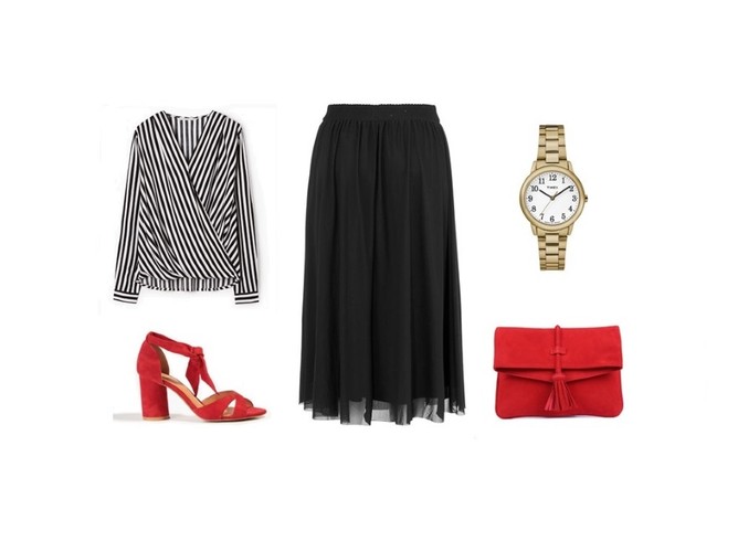 STYLIZACJE z czarną spódnicą: KOSZULA – TATUUM, 179,99PLN SPÓDNICA – CELLBES.PL, 149PLN CZÓŁENKA – BADURA,  ZEGAREK – TIMEX, 300PLN KOPERTÓWKA – UNISA, 400PLN