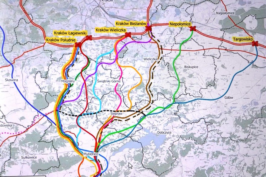 Rozważane warianty z podwariantami odcinka Kraków - Myślenice trasy S7