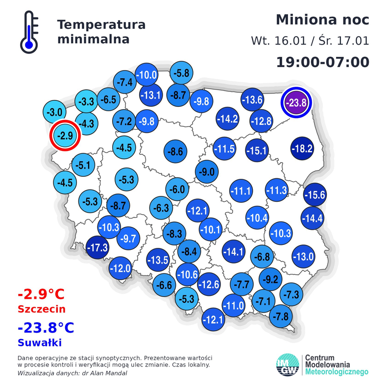 Temperatura w Suwałkach spadła do -24 st. C.