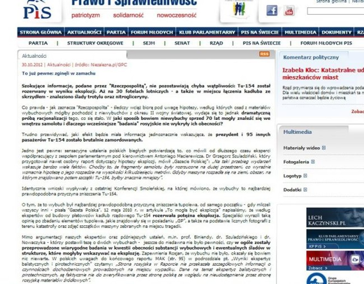 Artykuł na stronie internetowej PiS