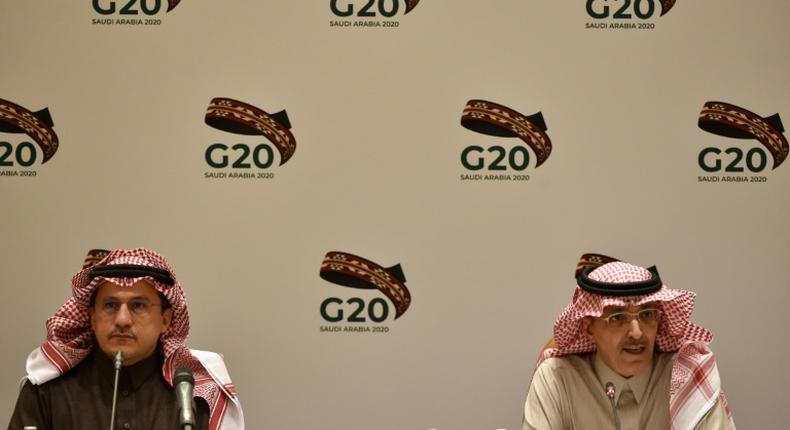 Saudi Arabia is the host of the virtual G20 talks, chaired by Saudi Finance Minister Mohammed al-Jadaan (R) and central bank governor Ahmed al-Kholifey