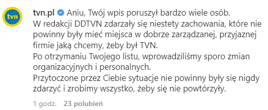 Komentarz z konta telewizji TVN, który pojawił się na profilu Anny Wendzikowskiej / Instagram @aniawendzikowska