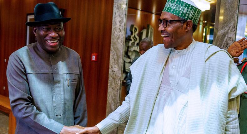 Former President Goodluck Jonathan (left) and President Muhammadu Buhari  [Twitter/@BashirAhmaad]
