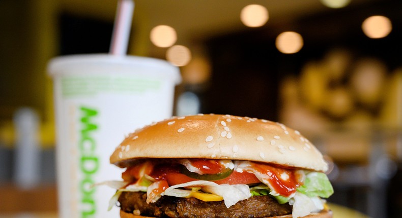 A McDonald's PLT burger with a Beyond Meat plant-based patty at one of 28 test restaurant locations in London, Ontario
