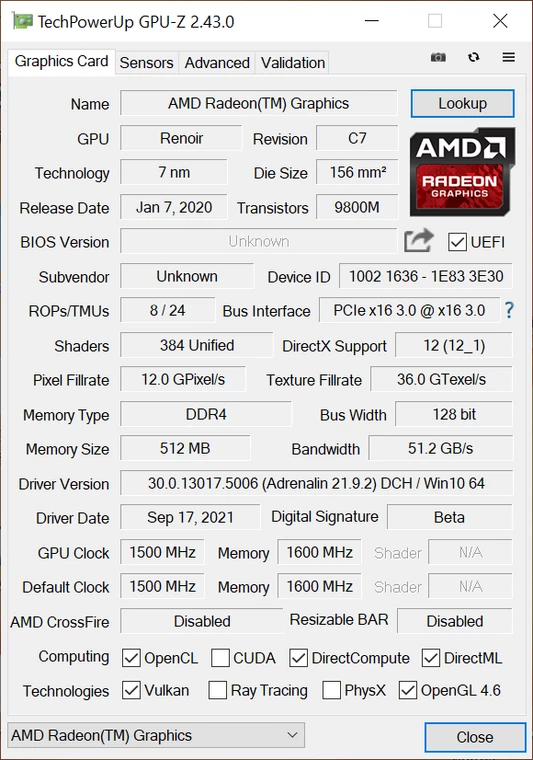 Huawei MateBook D 16 – GPU-Z – specyfikacja układu Radeon Graphics (6 CU)