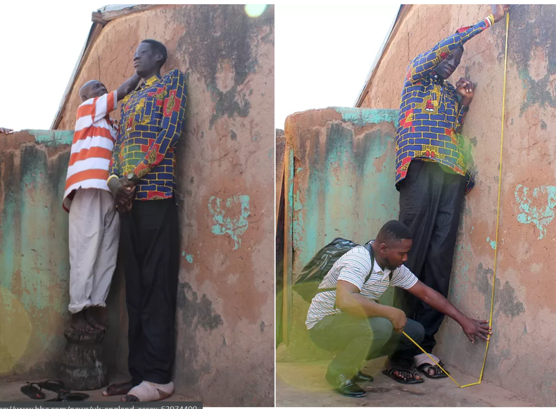 A neighbor stood on a stool to mark the wall while measuring Awuche