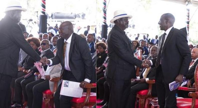 Collage image of former Prime Minister Raila Odinga exchanging greetings with Deputy President Rigathi Gachagua and President William Ruto during the funeral service of the late Mukami Kimathi