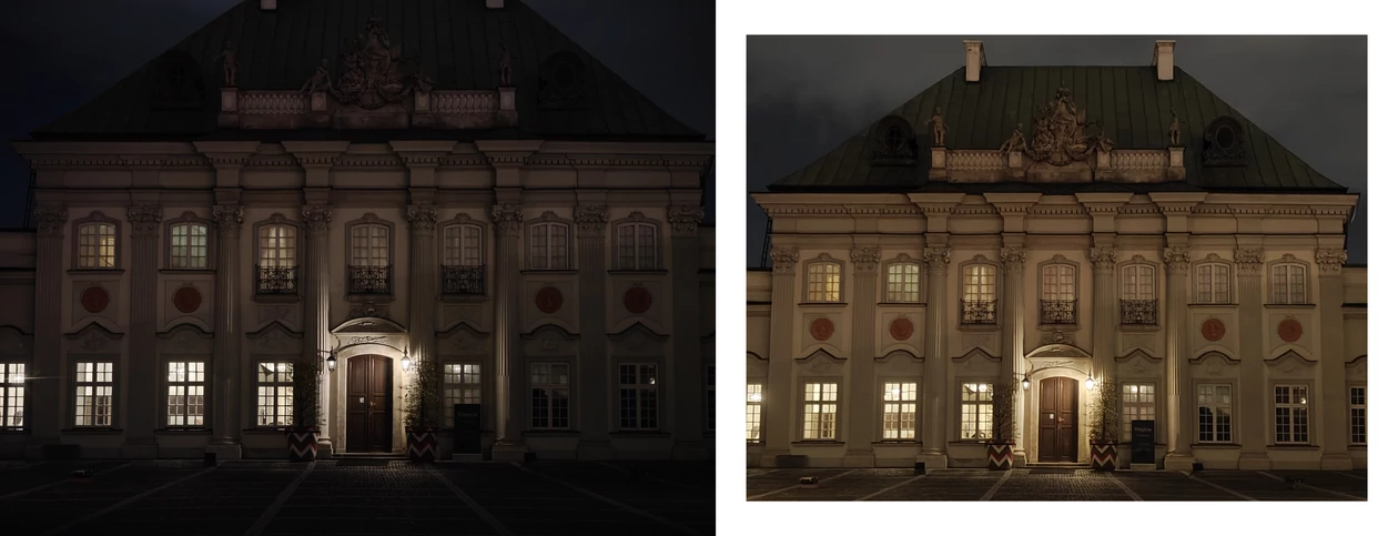 Zdjęcie wykonane nocą modułem tele 3x (po lewej) oraz automatycznie w trybie nocnym, czyli jako zoom cyfrowy z modułu standardowego (po prawej)  