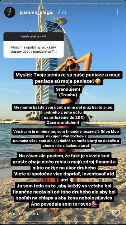 Jasmina sa témy spoločné účty nezľakla.