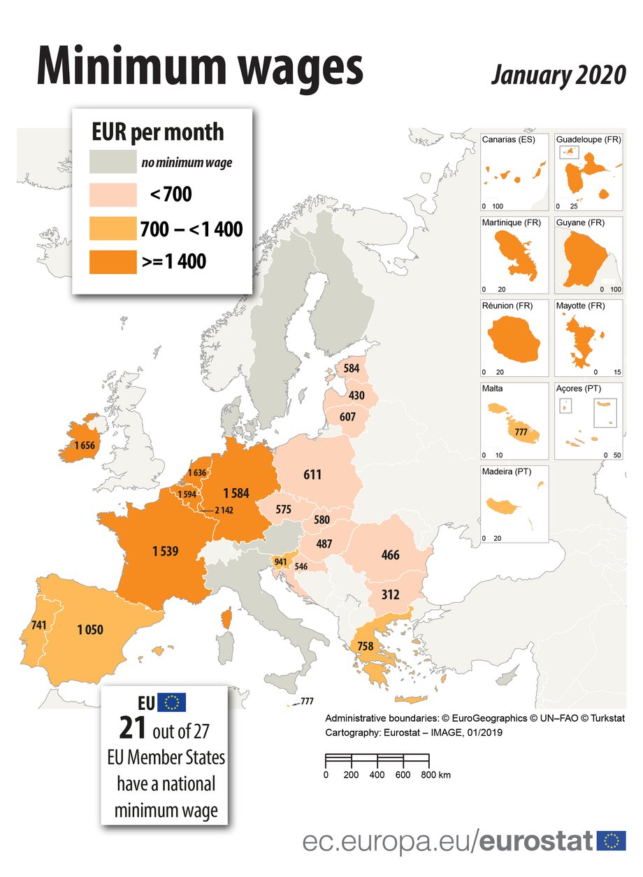 Pensja minimalna w państwach UE. Szarym kolorem zaznaczono państwa nienależące do UE i te, w których nie obowiązuje pensja minimalna. W pozostałych przypadkach wysokość miesięcznej pensji podano w EUR