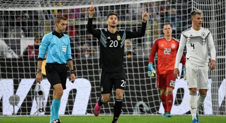 Lucas Alario (C) played a key role in Argentina's 2-2 draw against Germany in Dortmund on Wednesday when he came on to score with a header, then set up the equaliser.