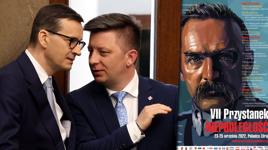 Mateusz Morawiecki i Michał Dworczyk oraz plakat VII edycji "Przystanku Niepodległość"