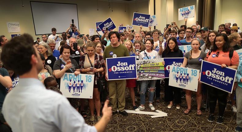 Democratic candidate Jon Ossoff speaks to volunteers and supporters at an election rally as he runs for Georgia's 6th Congressional District in a special election.