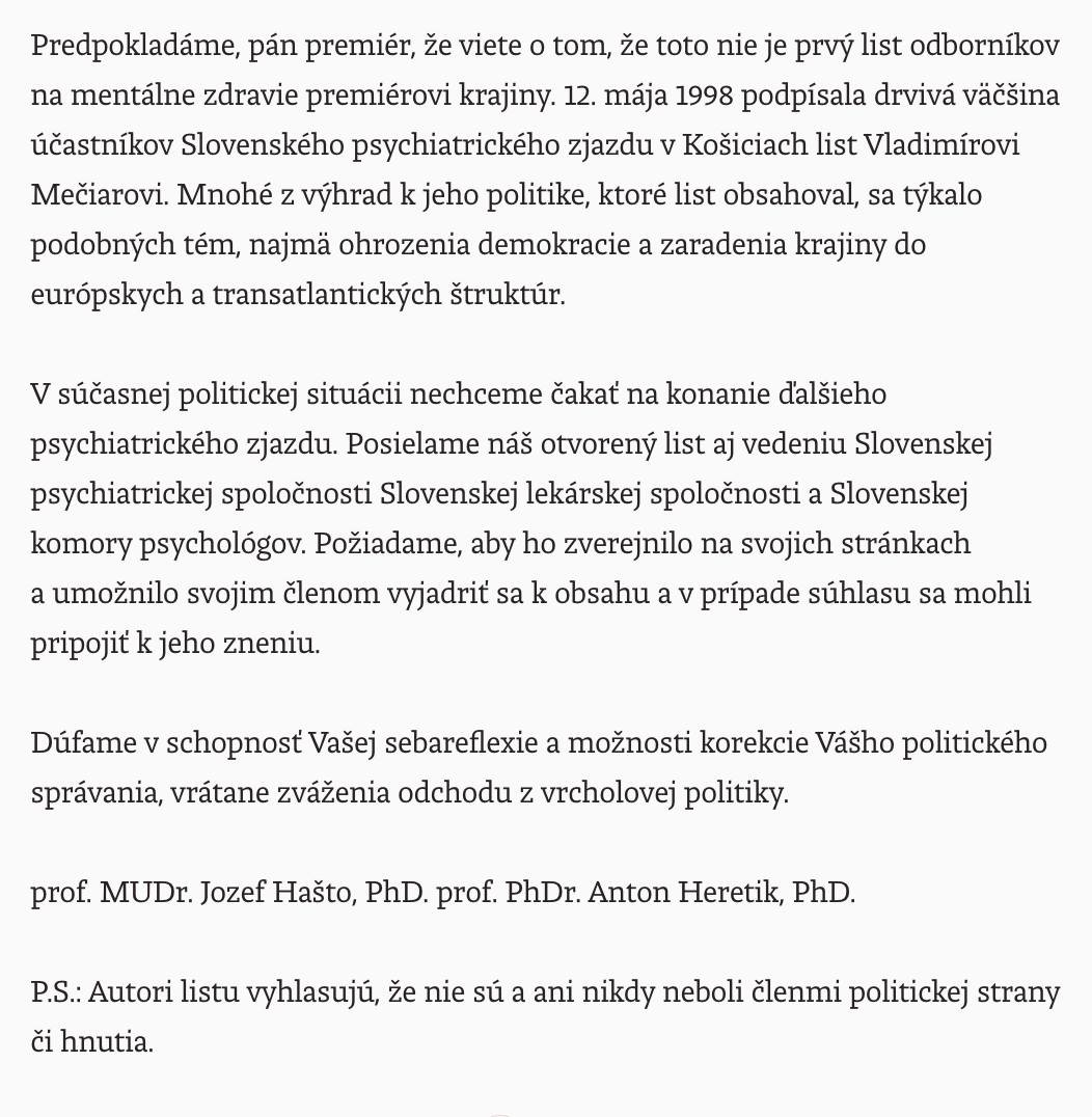 Odborníci z oblasti psychiatrie a psychológie adresovali premiérovi Robertovi Ficovi otvorený list.