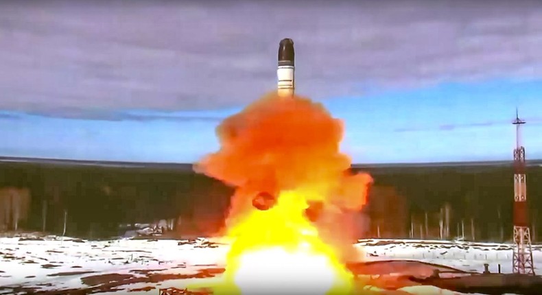 Russia's Sarmat intercontinental ballistic missile is launched in Russia's northwest region of Plesetsk in April 2022.Roscosmos Space Agency Press Service via AP, File