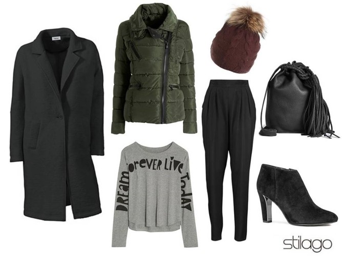 Kurtka puchowa: Stilago.pl/Next 224 zł Płaszcz: Stilago.pl/Heine, 327 zł Spodnie: Stilago.pl/Ellos, 59 zł Bluzka: Stilago.pl/Next, 89 zł Botki: Stilago.pl/Next, 269 zł  Torebka: Stilago.pl/Next, 219 zł