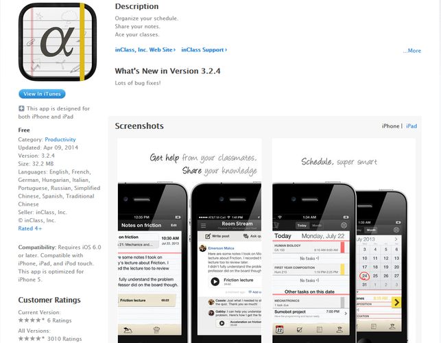 <b>inClass</b>
<br><br>
Niezbędnik każdego ucznia i studenta. inClass umożliwi nam stworzenie spersonalizowanego planu zajęć, przypomni o zbliżającej się klasówce lub egzaminie, a także o nieodrobionej pracy domowej. Wszystko w bardzo przejrzystej i 