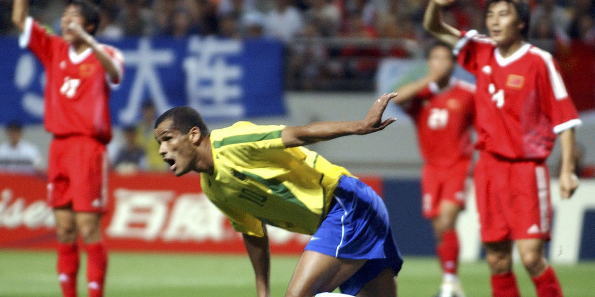 Rivaldo scoring against China in the 2002 World Cup.
