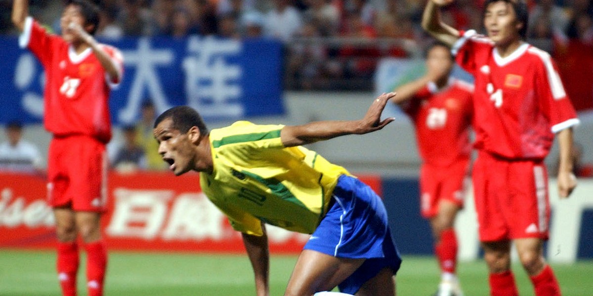 Rivaldo scoring against China in the 2002 World Cup.