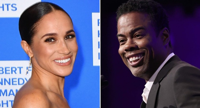 Meghan Markle in New York City on December 6, 2022 (left), Chris Rock in New York City on March 15, 2022 (right).ANGELA WEISS/AFP via Getty Images, Jamie McCarthy/Getty Images for National Board of Review,