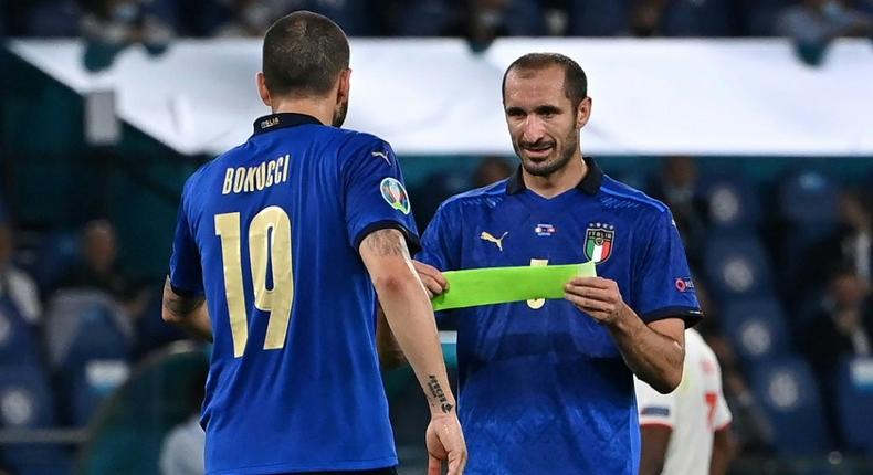 Giorgio Chiellini passed the Italian captain's armband to Leonardo Bonucci before going off against Switzerland. Creator: ANDREAS SOLARO