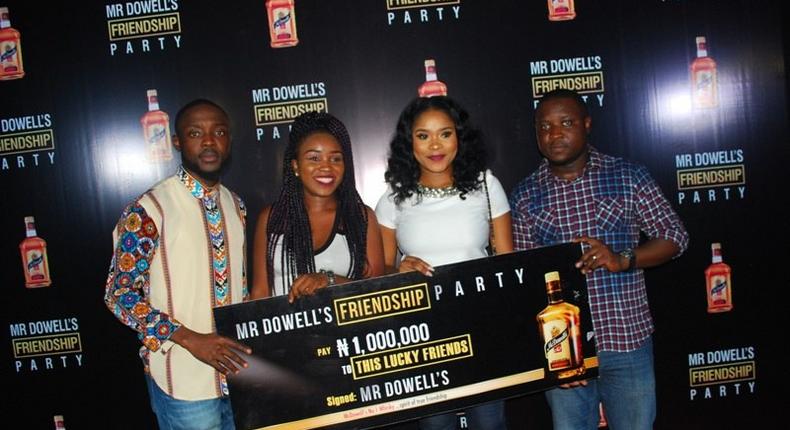 Mc Ogbolo, Cassie Onyejeike (Winner Mr Dowell's Friendship Party Port Harcourt), Brand Manager Mc Dowell's, Temitope Adenle and Desire Igwe (Winner Mr Dowell's Friendship Party Port Harcourt)