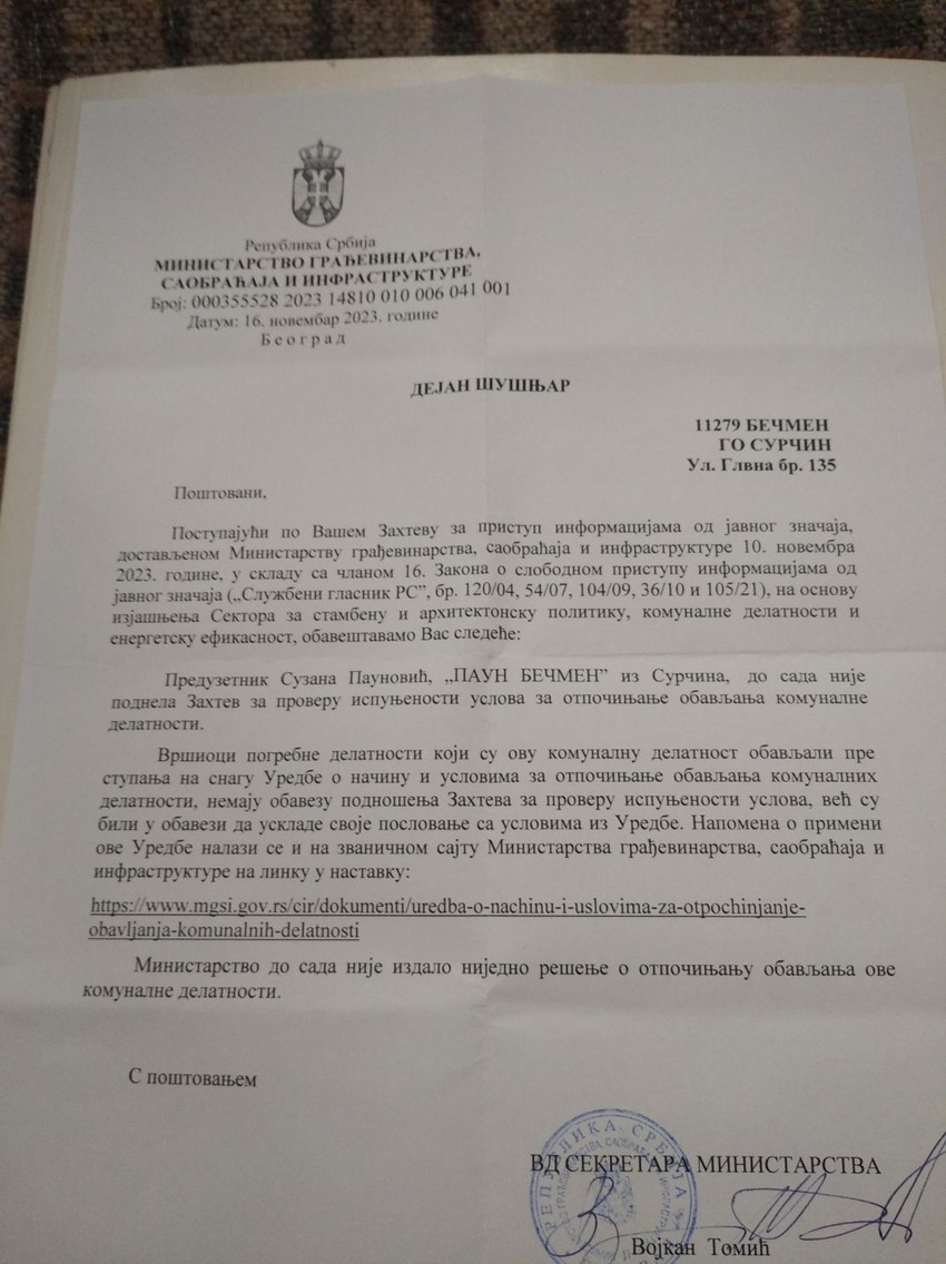 odgovor ministarstva