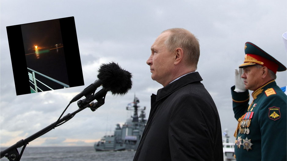 Władimir Putin i Siergiej Szojgu biorący udział w paradzie morskiej z okazji Dnia Marynarki Wojennej Rosji, 31 lipca 2022 r.; na zdjęciu również screen z kanału NEXTA w serwisie X przedstawiający zatopienie rosyjskiego patrolowca Siergiej Kotow