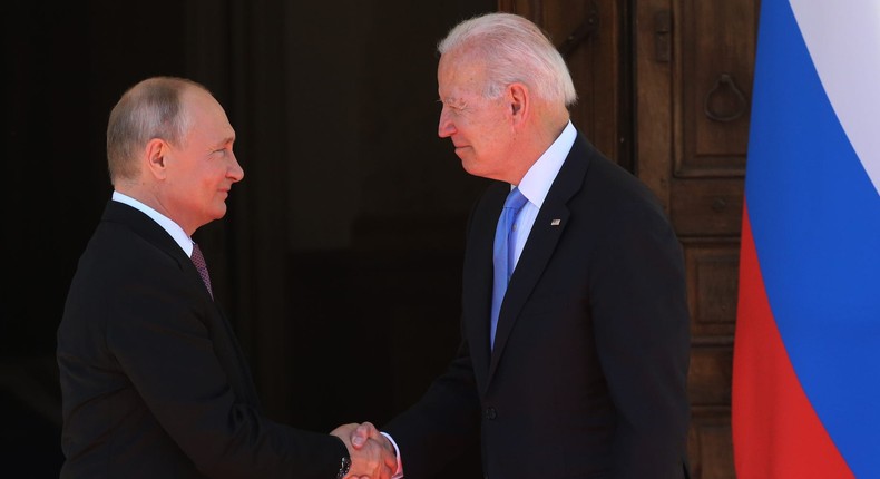 Russian President Vladimir Putin greets President Joe Biden during the US-Russia Summit 2021 at the La Grange Villa on June 16, 2021, in Geneva, Switzerland.Mikhail Svetlov/Getty Images