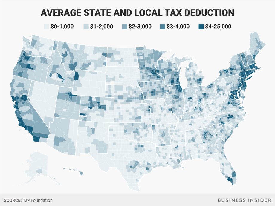 Big wealthy urban counties have large SALT deductions on average.