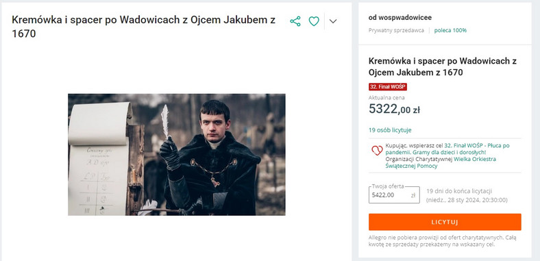 Nietypowa licytacja WOŚP — kremówka i  spacer z Ojcem Jakubem z "1670"