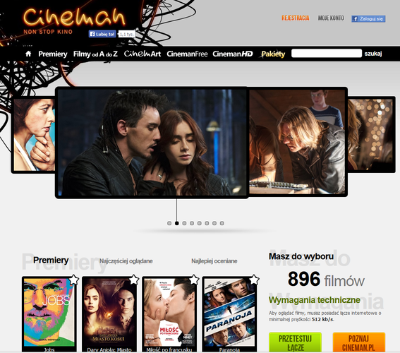 <b>Cineman</b>
<br><br>
Cineman daje nam dostęp do niespełna 900 pozycji filmowych dystrybuowanych przez Monolith Films. Strefa darmowa jest tu niezwykle uboga i nie warto nawet do niej zaglądać. Treści premium zostały podzielone na trzy pakiety, których cena wynosi odpowiednio 19,90 zł, 29,90zł oraz 39,90 zł/miesiąc. Możemy też wypożyczać pojedyncze filmy za 12 zł. W ofercie nie uświadczymy seriali. Plusem jest jakość HD, która - niestety - wciąż jest rzadkością na polskim rynku VOD.