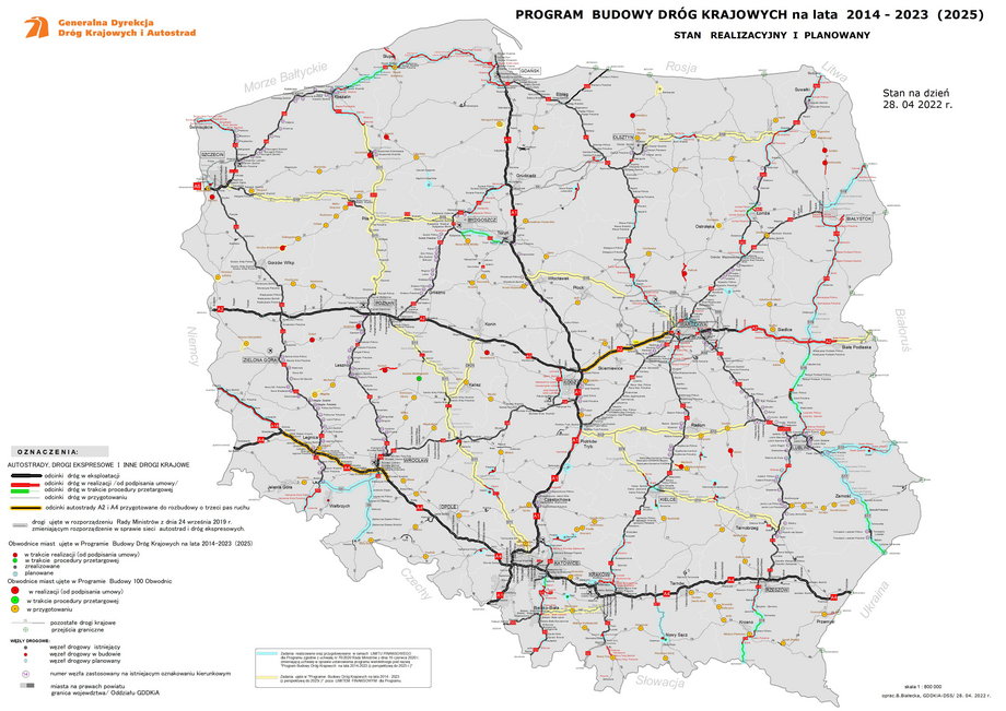 Mapa budowy dróg w Polsce (stan na 28 kwietnia 2022 r.)