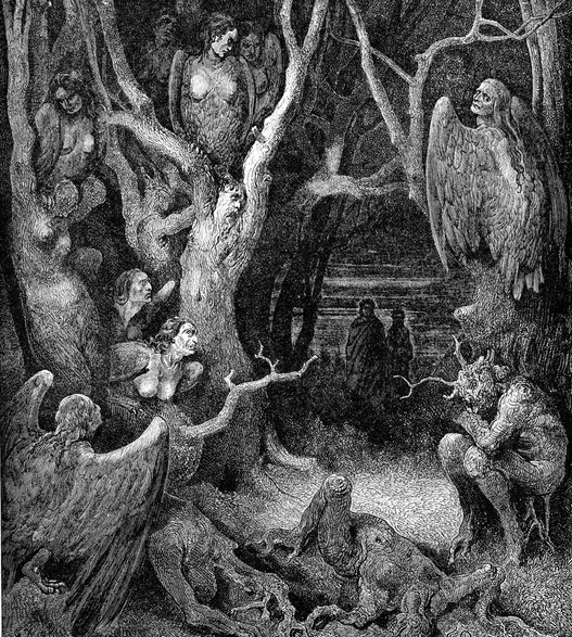 Harpie w piekielnym lesie — ilustracja do XIV-wiecznego poematu "Boska komedia" włoskiego pisarza Dantego Alighieri