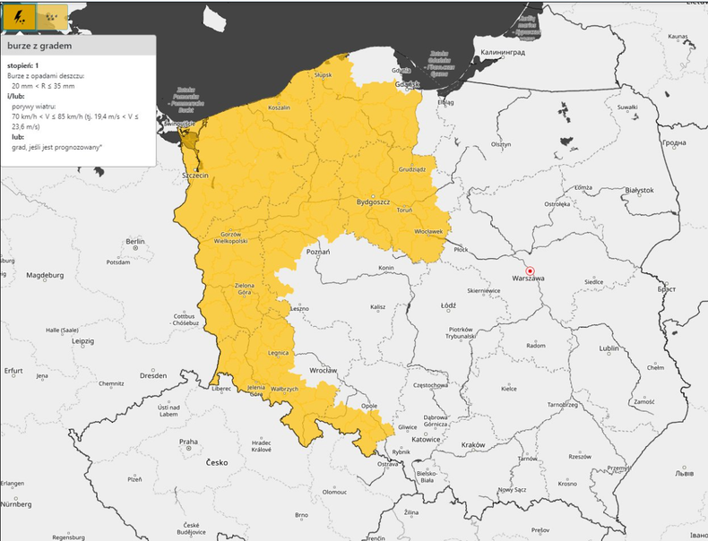 Dla zachodniej Polski IMGW wydał ostrzeżenia pierwszego stopnia przed burzami z gradem