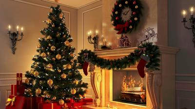 choinka święta, kominek, prezenty, drzewko świąteczne