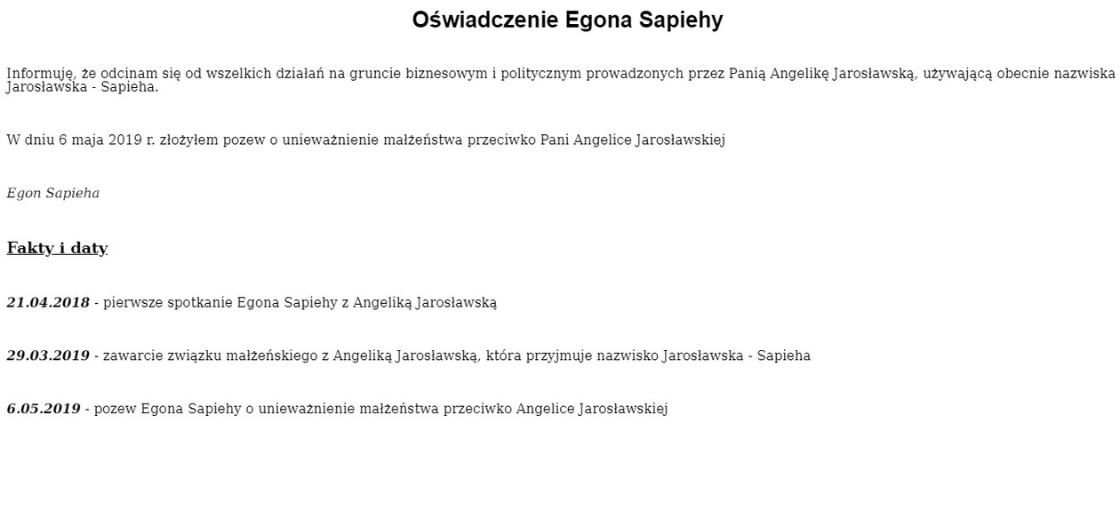 Screen z oświadczenia Egona Sapiehy